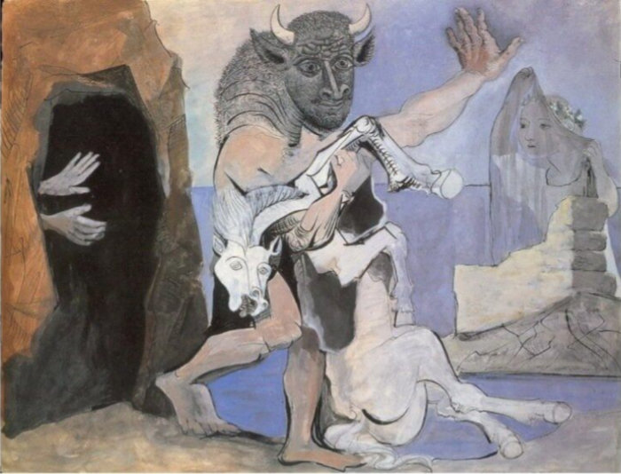 Pablo Picasso - Minotaur With Dead Horse In Front Of A Cave Facing A Girl In Veil